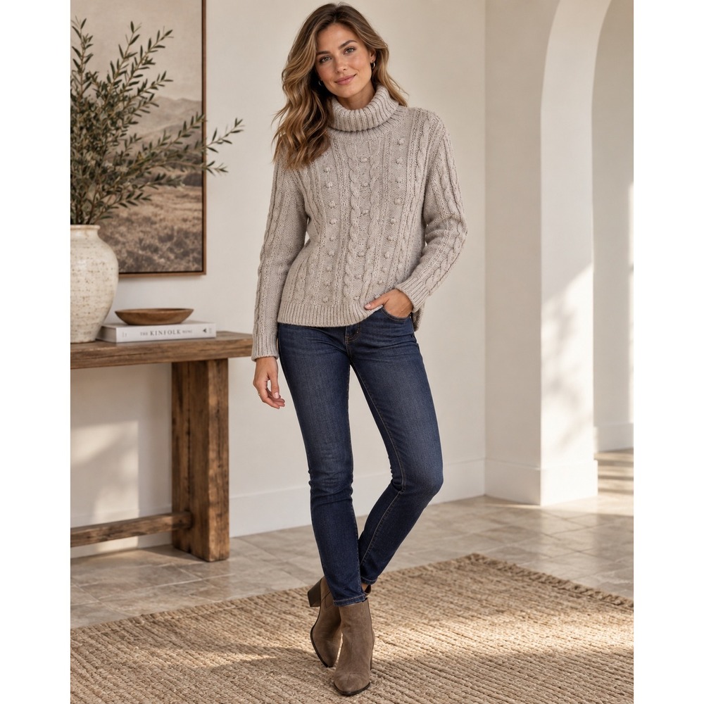 Lands' End Cable Knit Turtleneck Sweater Womens L Tall Oatmeal Beige Marl Bobble